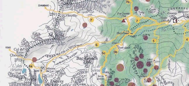 Cartina del Parco Naturale del Mont
Avic, con la zona interessata all’escursione
<Gentile concessione della Direzione del
Parco Naturale Mont Avic>
(86943 bytes)
