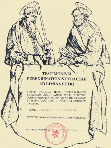 Il Testimonium rilasciato in Vaticano
 a chi percorre la -Via Francigena- per una
 distanza pari almeno a quella che separa
 Acquapendente e Roma (circa 160 km. a piedi).
(58354 bytes)