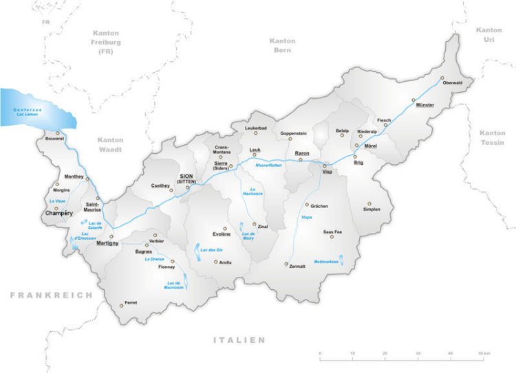 Carta esplicativa del Cantone Vallese (Svizzera) (38759 bytes)